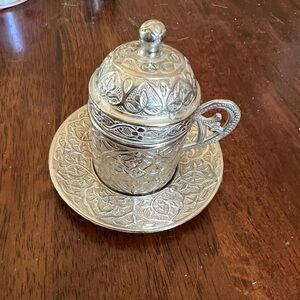 Ornate Silver-Tone Turkish Coffee Cup with Saucer and Lid